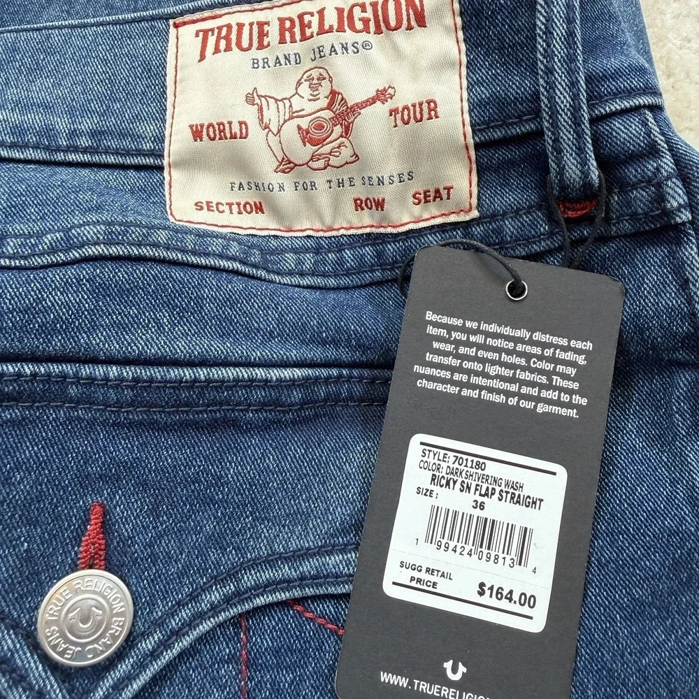 NWT True Religion Ricky Flap Straight Jean Mens 38 (36 Tag) Dark Shivering Wash